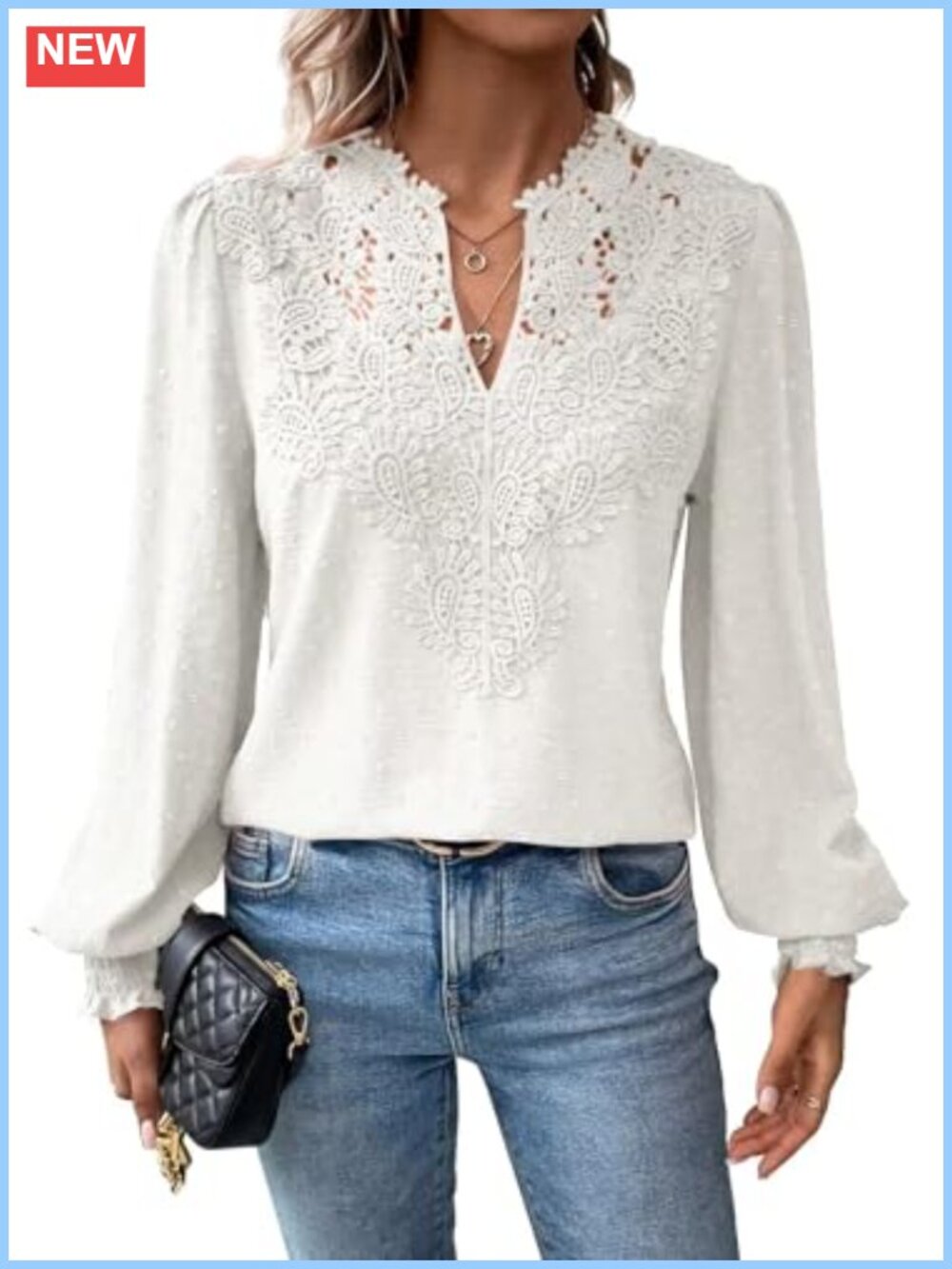 Falechay Boho Lace Floral V Neck Long Sleeve Blouse Top